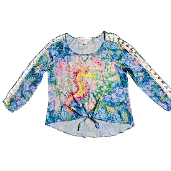 Leoma Lovegrove Seahorse Tie Waist Art to Wear Top Watercolor L Laced Sleeves - Picture 9 of 12